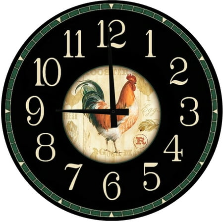 Large Wood Wall Clock 24 Inch Round Black Rooster Farmhouse Décor Round Small Battery Operated Wall Art