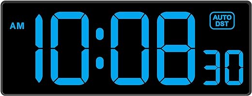 LED Digital Clock Wall Clock with Seconds, Electric Clock Plug Auto DST Dimmer LED Large Display 10 Inches (Blue)