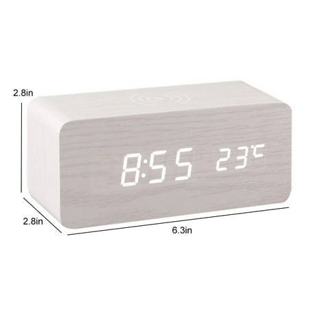 LED Electric Alarm Clock Digital Wooden Clocks with Phone Wireless Charger Snooze and Brightness Adjustable White and white letter