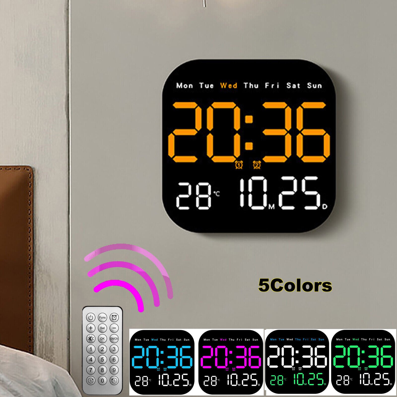 LED Large Digital Wall Clock Remote Control Temperature Date Week Display Adjust