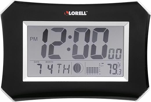 Lorell 60998 Wall/Alarm Clock, LCD, 10-1/4W-Inch x7-Inch Hx1-1/2-Inch D Lunar, Slvr/Blk