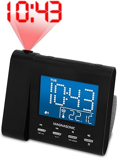 Magnasonic Projection Alarm Clock with AM/FM Radio, Battery Backup, Auto Time Set, Dual Alarm, Nap/Sleep Timer, Indoor Temperature/Date Display with Dimming & 3.5mm Audio Input - Black (EAAC601)