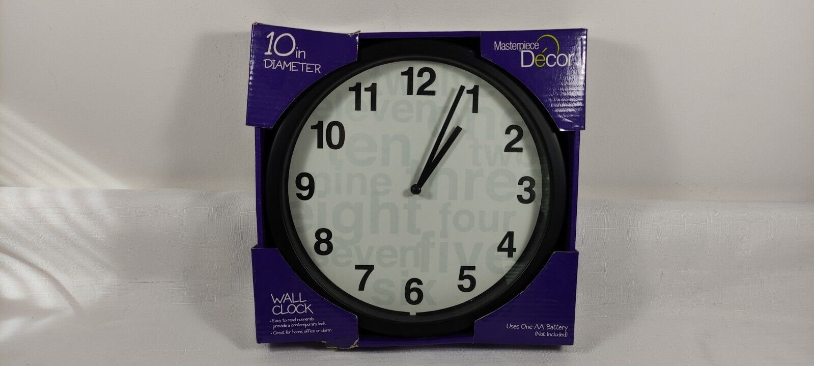 Masterpiece Decor 10" Black Wall Clock White Face Easy Read Numbers AA Battery