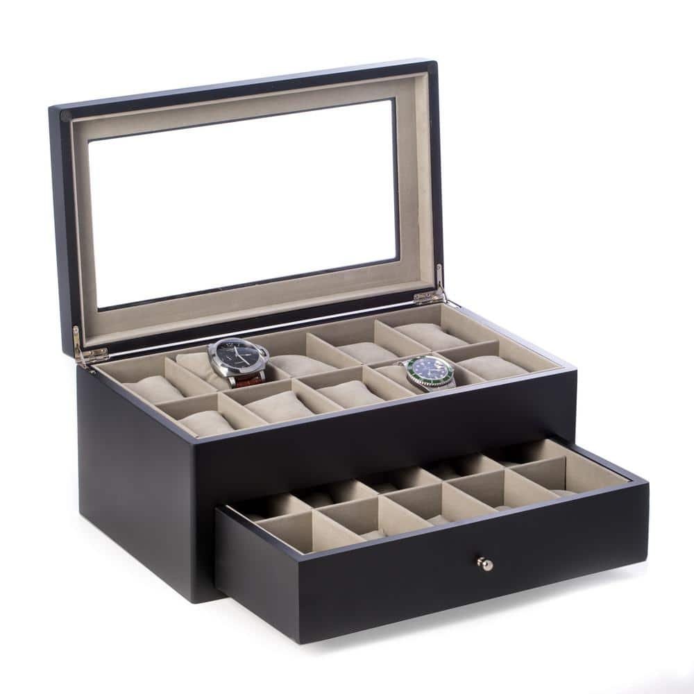 Matte Black Wood 20-Watch Box with Glass Top and Drawer, Velour Lining...