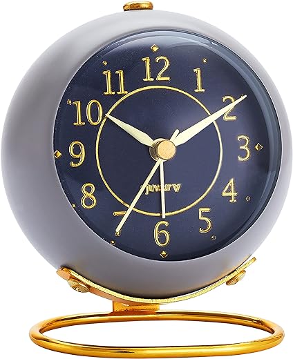 Metal Desk Alarm Clock, rjuwurv Retro Bedroom Table Vintage Analog, Silent Non-Ticking Gold Alarm Clock, Bedside Décor(Sinor Gray)