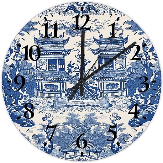 Minimalist Wood Clock Analog Round Non-Ticking Chinoiserie Asian Pagoda White Blue Porcelain Retro Wall Clocks Chinoiserie Toile Oriental Floral Home Decor for Washroom Patio Dining Room 10 inch