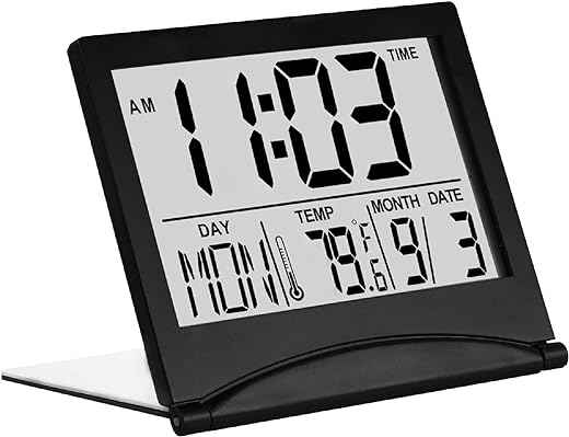 MMOBIEL Digital Clock LCD Travel Alarm Foldable – Desk Top Clock – Digital Clock with Day, Date and Temperature Indication – Digital Alarm Clock for Table – Desk Clock Battery Operated – Black