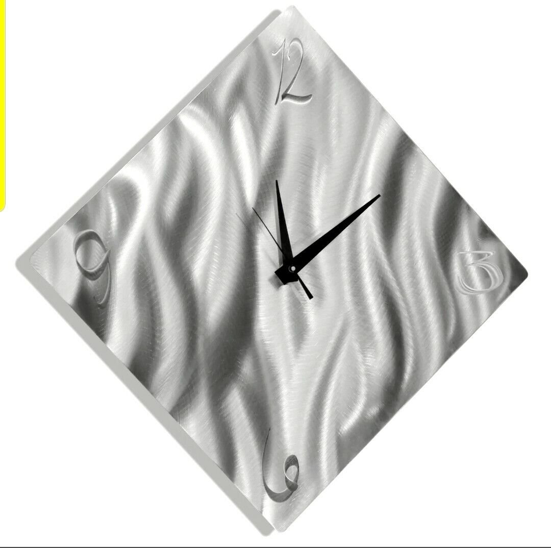 Modern Metal Wall Clock Art Etched Silver Hanging Sculpture Signed Decor