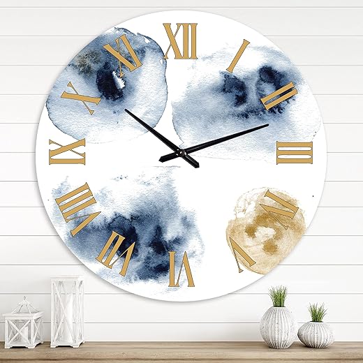 Modern Wall Clock 'Abstract of Dark Blue and Gold Cloud' Abstract & Fractals Large Wall Clock for Living Room Decor