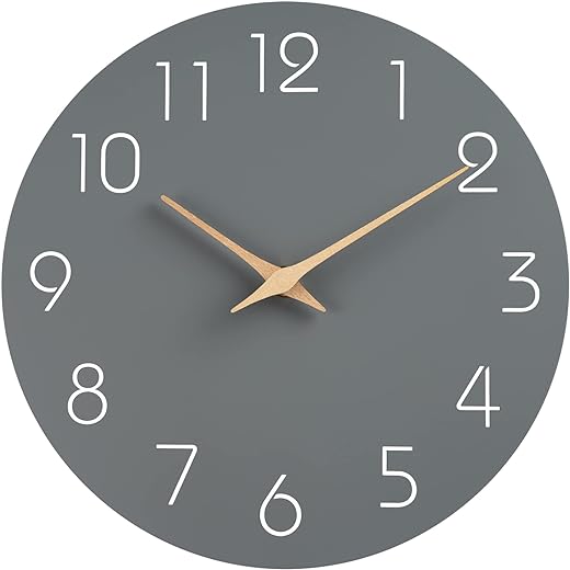 Mosewa Silent Non-Ticking Wall Clock Decorative for Kitchen, Bedroom, Bathroom, Office, Living Room, Battery Operated - 10 Inch Wood Modern Simple (Gray)