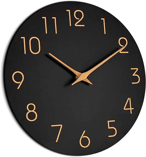 Mosewa Wall Clock 14 Inch Black Battery Operated Silent Non-Ticking - Simple Minimalist Rose Gold Numbers Clock Decorative for Bedroom,Living Room, Kitchen,Home,Office(14