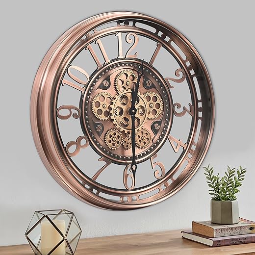 Moving Gear Wall Clock for Modern Farmhouse Living Room Decor,Large Industrial Steampunk Wall Clock,Metal Wall Clock Decorative for Home Office, Dinning Room,Copper (21 Inch)