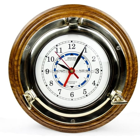 Nagina International 10 Premium Wooden Based Nautical Brass Ship's Porthole Time's Quartz Clock | Pirate Home Decorative Wall Hanging