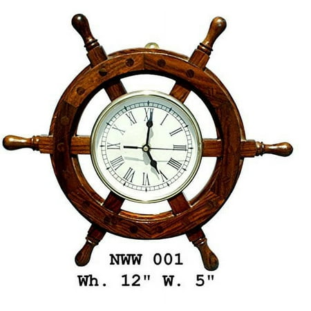 Nagina International 12 Nautical Wooden Ship Wheel with 5 Clock - Pirate Home Decor Wall Hanging