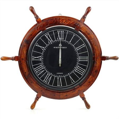 Nagina International 30 Nautical Ship Wheel Black Dial 49 Bond Street London | Vintage Colonial Style Wall Hanging Decor & Clock | Ocean Gifts Ideas