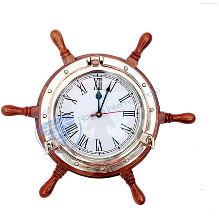 Nagina International Deluxe 13 Nautical Ship Wheel with Full Size Solid Brass Clock - Vintage Ocean Beach Home Decor Gift