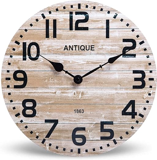 NIKKY HOME Farmhouse Wooden Wall Clock - 12 Inch Battery Operated Silent Non Ticking Vintage Rustic Distressed Wood Clock Home Decor for Kitchen, Living Room, Bedroom, Office (Brown)