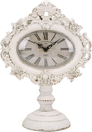 NIKKY HOME French Mantel Clock Silent Non-Ticking, Shelf Desk Top Wood Table Clock Battery Operated Vintage Rustic Design, Chic Home Decor for Desktop, Countertop, Distressed White