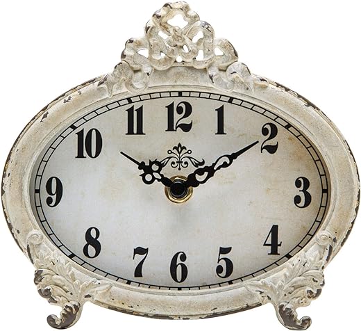 NIKKY HOME Vintage Table Clock, Battery Operated Rustic Design, Chic Home Décor for Fireplace Mantel, Shelf, Desktop, Countertop - Distressed White