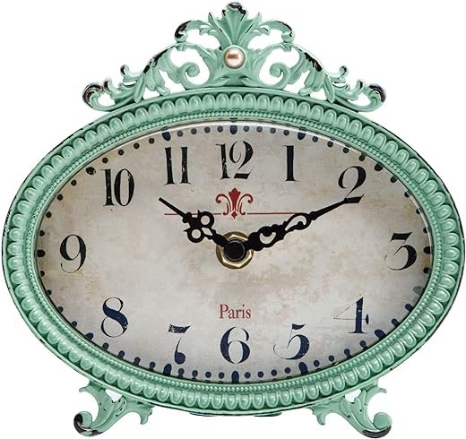 NIKKY HOME Vintage Table Clock, French Turquoise Color Rococo Style Desk Clock Battery Operated Rustic Design, Home Décor for Living Room, Bedroom, Bedside, Desk, Gift Clock - Distressed Green