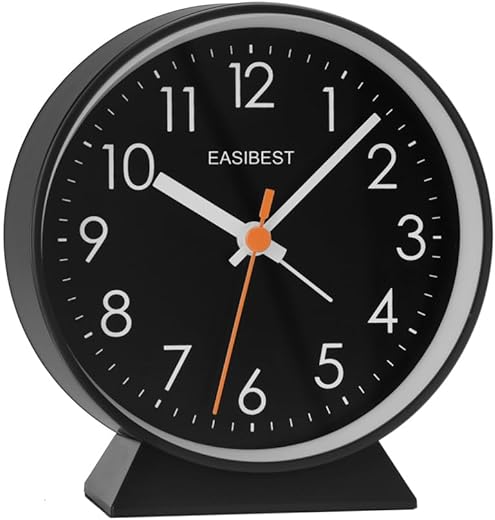 No Ticking Silent Alarm Clock,Easy to Read and Use,Ascending Sound,1 AA Battery Operated,Snooze Light,Bedside Desk Clock,Black