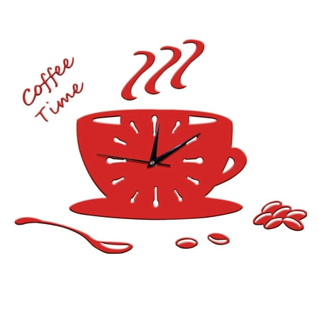 NUOLUX 3D DIY Acrylic Wall Clock Modern Kitchen Home Decor Coffee Time Clock Cup Shape Wall Sticker Hollow Numeral Clock (Red, Random Style)