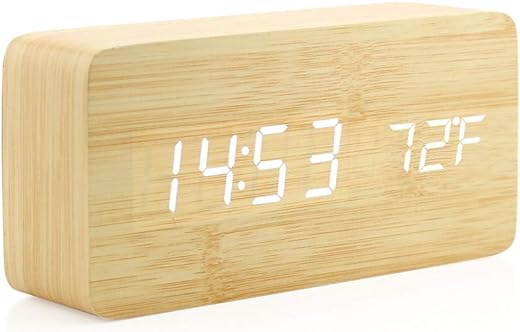 OCT17 Wooden Digital Alarm Clock, Wood Fashion Multi-Function LED Alarm Clock with USB Power Supply, Voice Control, Timer, Thermometer - Bamboo