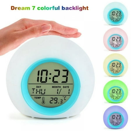 ODIANTRD LED Electronic Desk Digital Timer,7 Colors Changing Alarm Clock,Circular Colored Changing Snooze Desktop Table Alarm Clocks