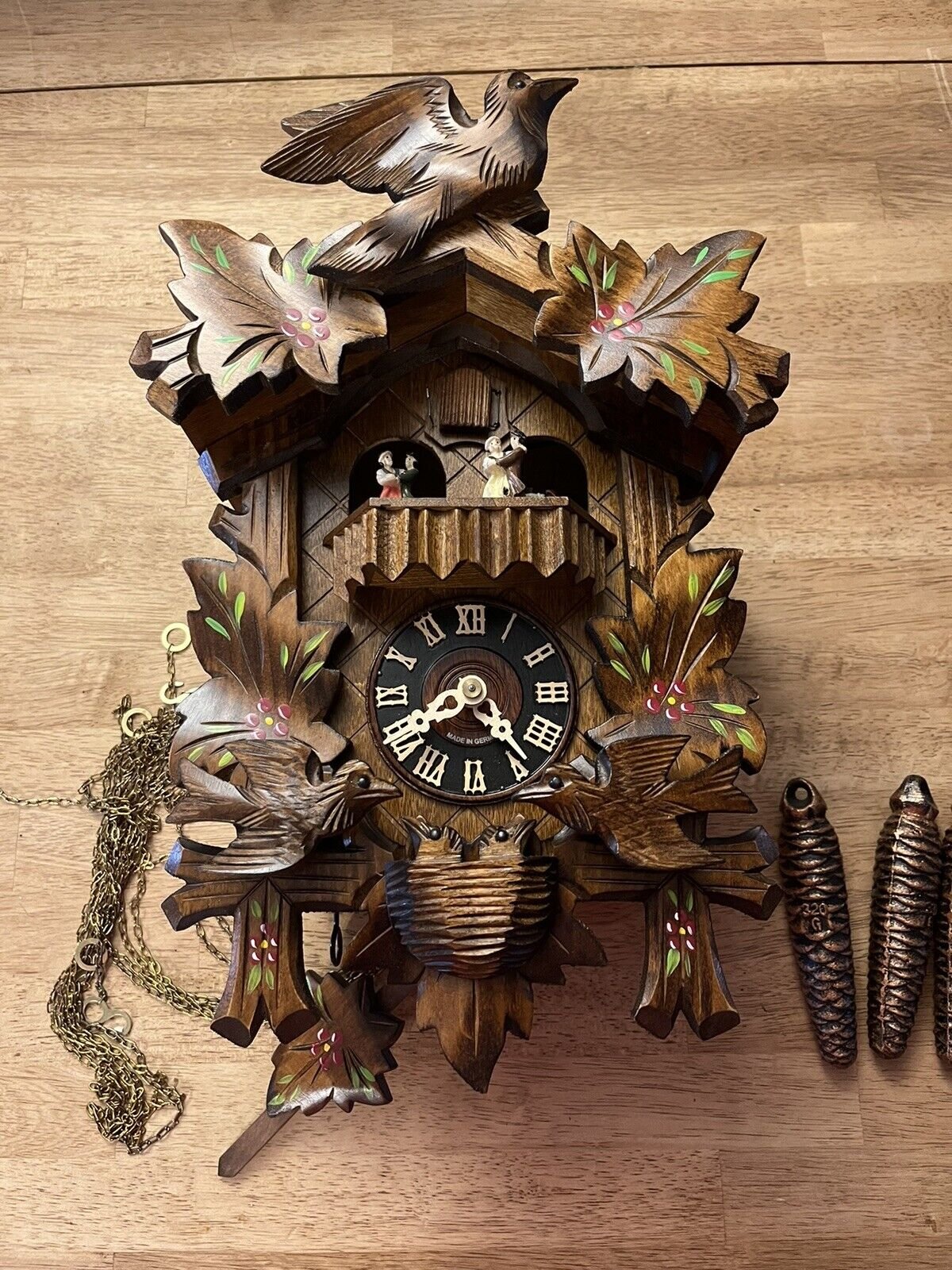 Old German Cuckoo Clock with Birds And Leaves Pendulum, 3 Weights Dancers