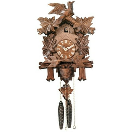 One Day Cuckoo Clock with Carved Maple Leaves & Moving Birds