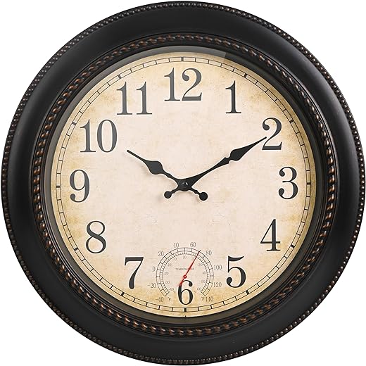 Outdoor Clock 18 Inch Large Wall Clocks with Thermometer Waterproof for Patio Pool Garden-Retro Style (Bronze)