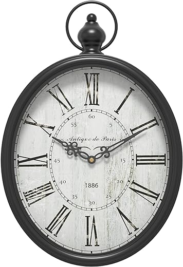 Oval Retro Wall Clock, Rustic Vintage Style, Black Antique Design, Battery Operated Silent Decor Large Wall Clocks for Kitchen,Farmhouse,Office (15.5