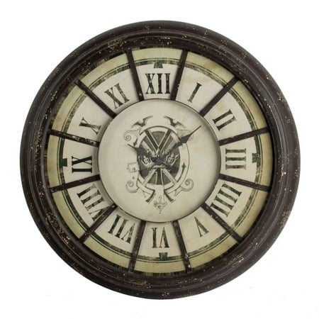 Oversized Wood and Metal Wall Clock with Distressed Details, Antique Gray and Cream- Saltoro Sherpi