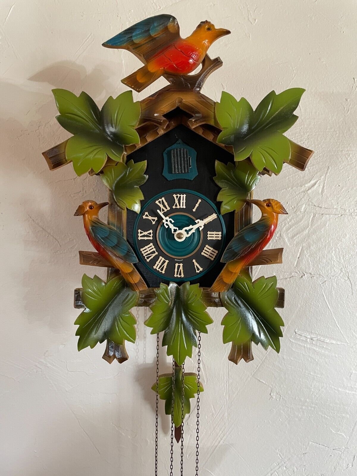 Painted Cuckoo Clock, Leaves and Birds, in Working Condition