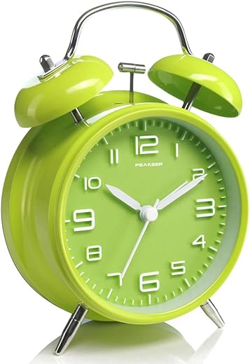 Peakeep 4 Inches Twin Bell Loud Alarm Clock for Heavy Sleepers, Battery Operated Old Fashioned Alarm Clock (Green)