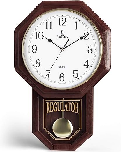 Pendulum Wall Clock - Regulator Clock - Wooden Schoolhouse Wall Clock with Pendulum - Wood Pendulum Clock Battery Operated - Decorative Wall Clocks for Living Room Decor, Home, Office and Gift 18x11