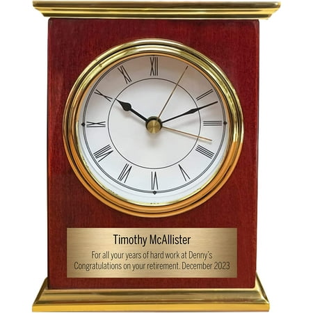 Personalized Clock for Desk or Shelf - Battery Powered with Alarm - Mahogany Finish with Gold Metal Accents - Customized Retirement Gifts, Employee Recognition or Trophy Award - Customize Now!