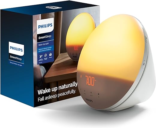 Philips SmartSleep Wake-up Light, Colored Sunrise and Sunset Simulation, 5 Natural Sounds, FM Radio & Reading Lamp, Tap Snooze, HF3520/60