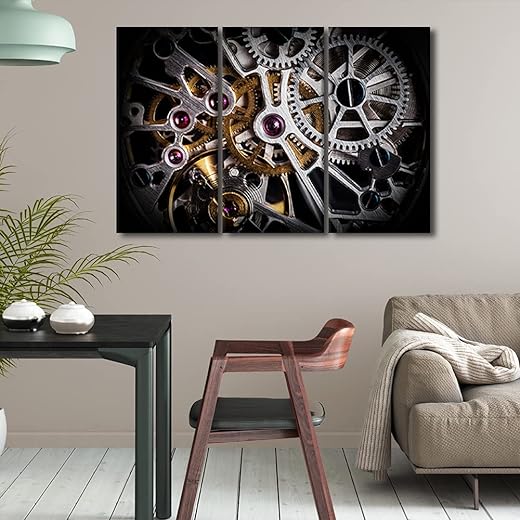 Pictures for Living Room Clockwork of A Watch with Jewel Painting Clock Mechanism Artwork 3 Piece Prints on Canvas Wall Art House Decor Wooden Framed Gallery-Wrapped Ready to Hang- 42 Wx28 H