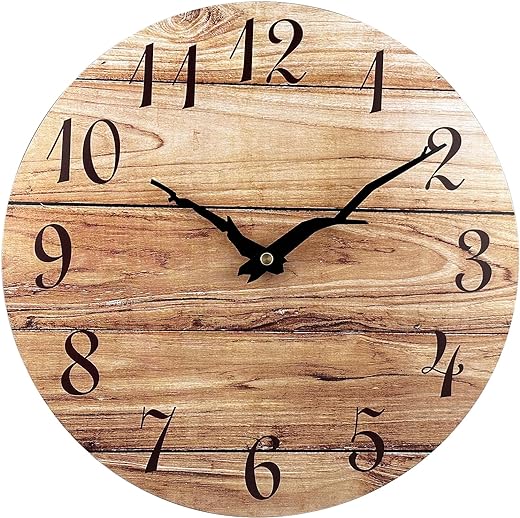 Plumeet Extra Large Wall Clock, 16'' Frameless Wooden Wall Clocks with Silent Quartz Movement, Rustic Country Village Walnut Clocks Decorative for Kitchen Bedroom Living Room, Brown