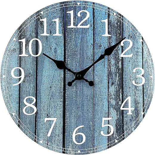 Plumeet Wall Clock, 12'' Frameless Wooden Wall Clocks with Silent Quartz Movement, Rustic Coastal Country Village Clocks Decorative for Kitchen Bedroom Living Room, Blue