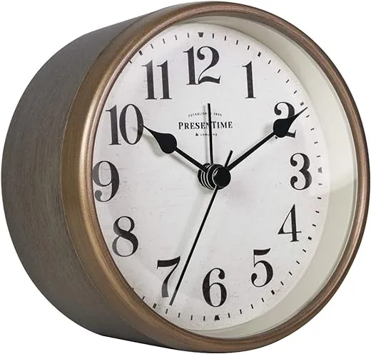 Presentime & Co 4 Vintage Tabletop Alarm Mantel Clock, Desk and Shelf Clock, Silent no Ticking, Rustic Grey Oak and Antique Gold Finish. Tabletop Décor, Home Décor, Farmhouse Décor.