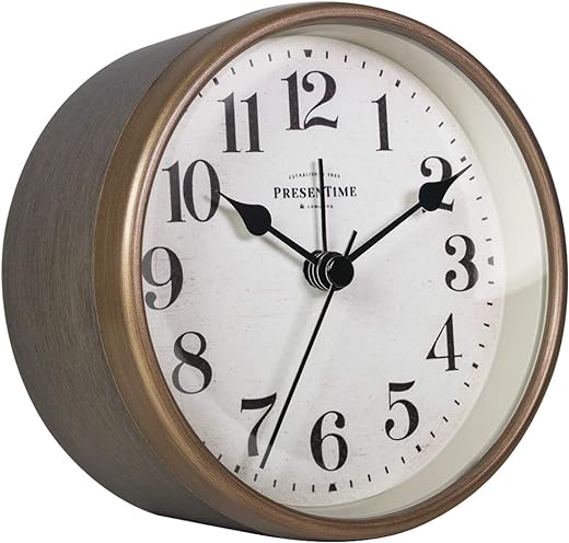 Presentime & Co 4" Vintage Tabletop Alarm Mantel Clock, Desk and Shelf Clock, Silent no Ticking, Rustic Grey Oak and Antique Gold Finish. Tabletop Décor, Home Décor, Farmhouse Décor.