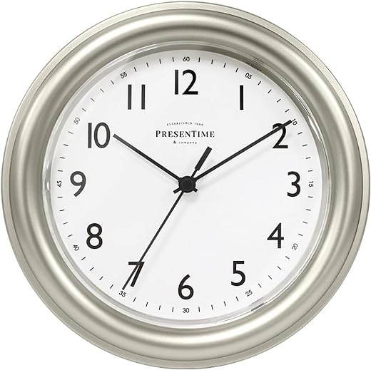 Presentime & Co. 8.5 Modern Farmhouse Essential Wall Clock, Silent Non Ticking, Morning Silver Color. (Wall Clock for Office, Home, Bathroom, Kitchen, Bedroom, and School)