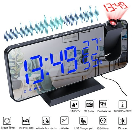 Projection Alarm Clock for Bedroom, Radio Alarm Clock on Ceiling, USB Charger Port, Temperature & Humidity Display, 7.3” Large Mirror LED Display, Dual Loud Alarm Clock(Blue)