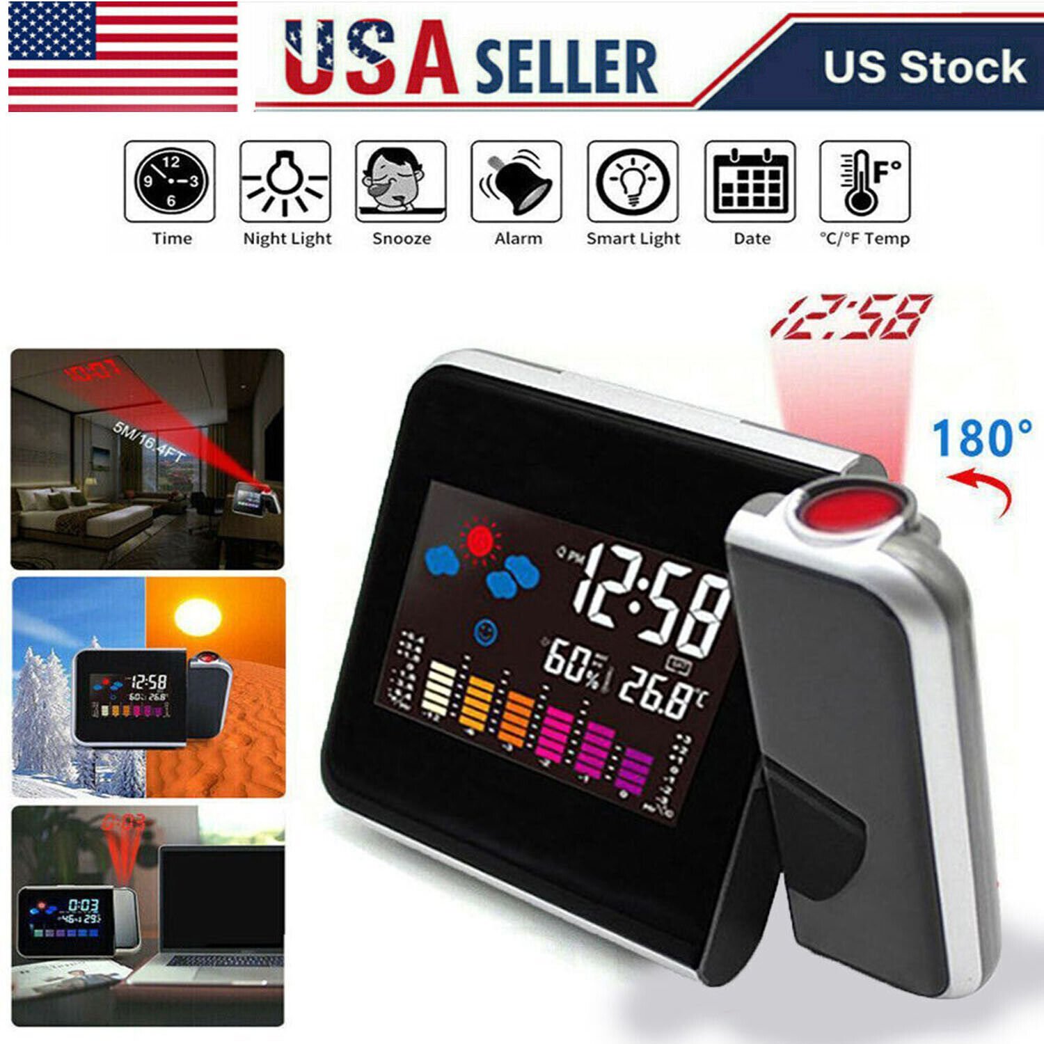 Projection Alarm Clock Rotatable LED Digital Projector Snooze Time & Temperature