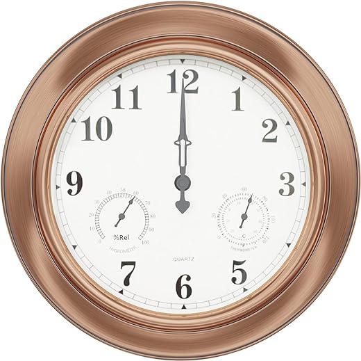 Pure Garden Patio Wall Clock Thermometer-Indoor/Outdoor Decorative 18” Quartz Battery-Powered, Waterproof, Temperature & Hygrometer Gauge (Copper)