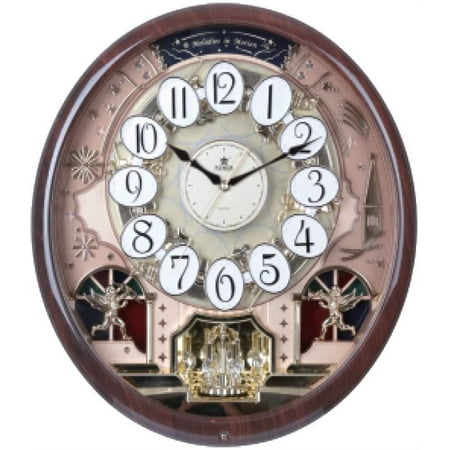 PWR+ Musical Motion Wall Clock | Melodies and Moving Face | Color: Dark Woodgrain and Gold with Crystal | Sound and Movement | Music: Classic, Christmas, Theraputic