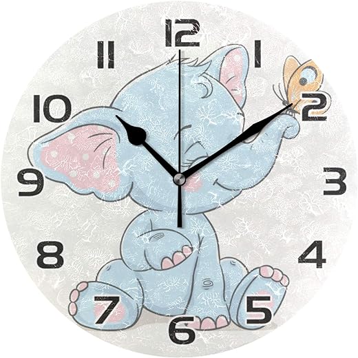 Qilmy Cute Elephant Clock Silent Round Wall Clock Non Ticking Battery Device Clocks Creative Decoration Wall Clock for Living Room Bedroom Office Kitchen