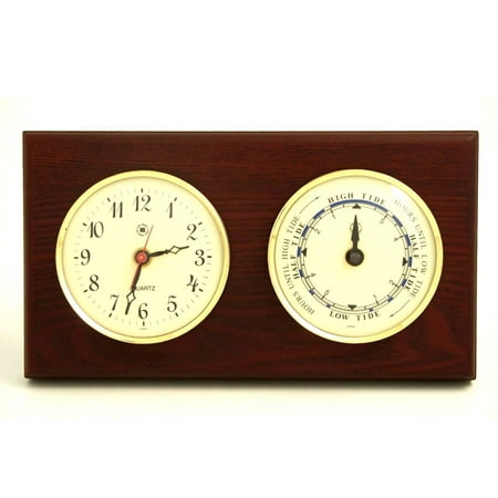 Quartz Clock and Tide Clock on Mahogany Wood with Brass Bezel. Wall Mounts Vertically or Horizontally.